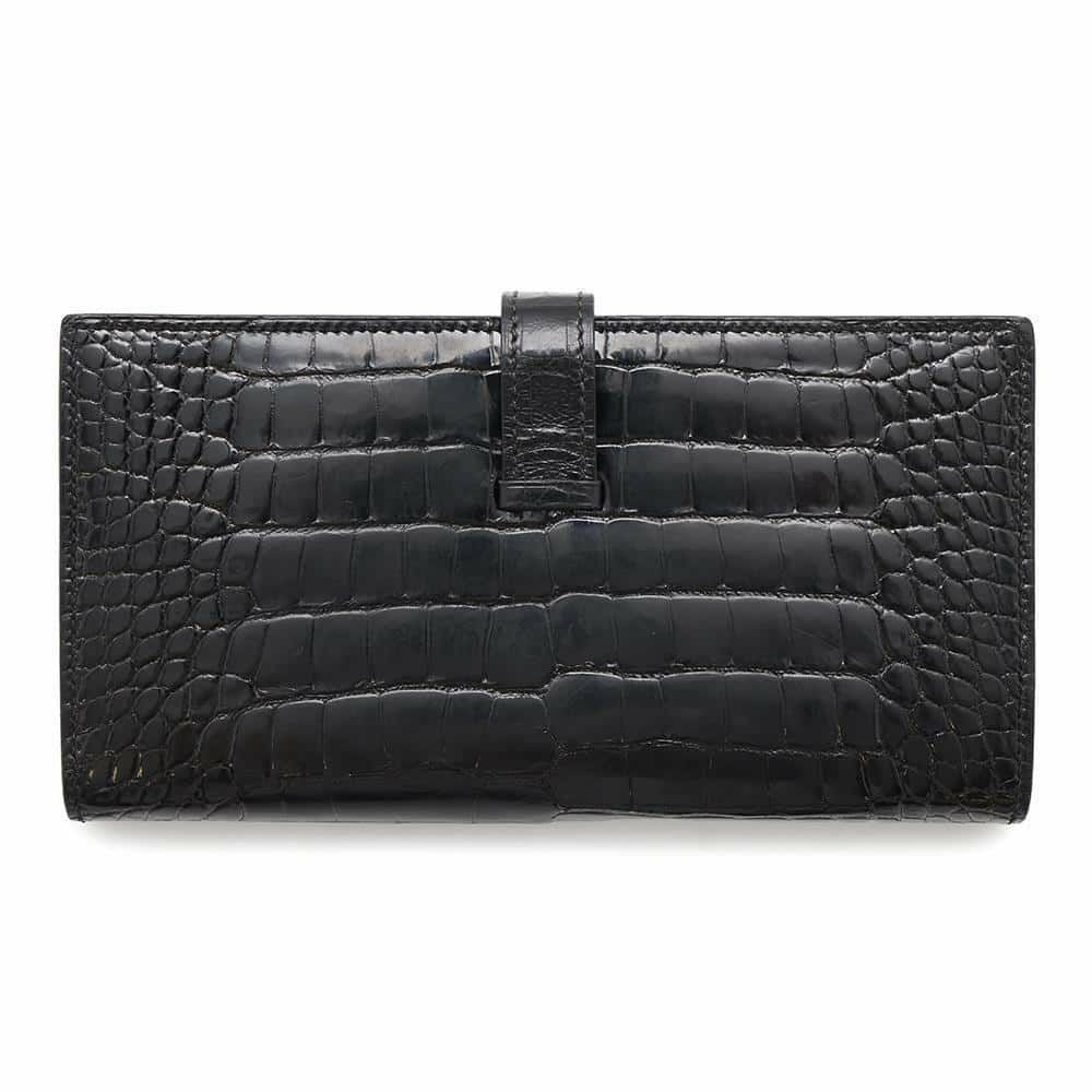エルメス 長財布 ベアンスフレ ブラック/シルバー金具 アリゲーターシャイン □Q刻印 HERMES 財布 黒