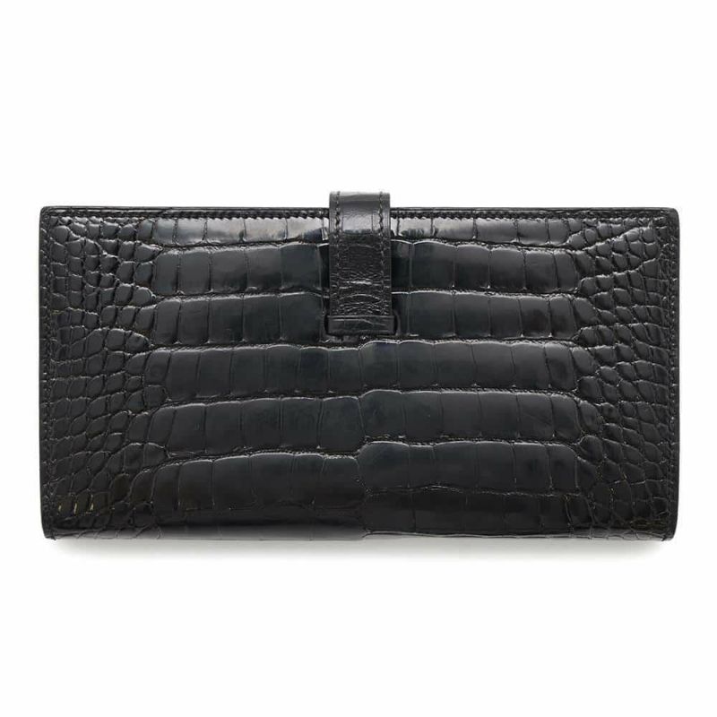 エルメス 長財布 ベアンスフレ ブラック/シルバー金具 アリゲーターシャイン □Q刻印 HERMES 財布 黒