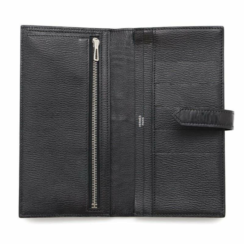 エルメス 長財布 ベアンスフレ ブラック/シルバー金具 アリゲーターシャイン □Q刻印 HERMES 財布 黒