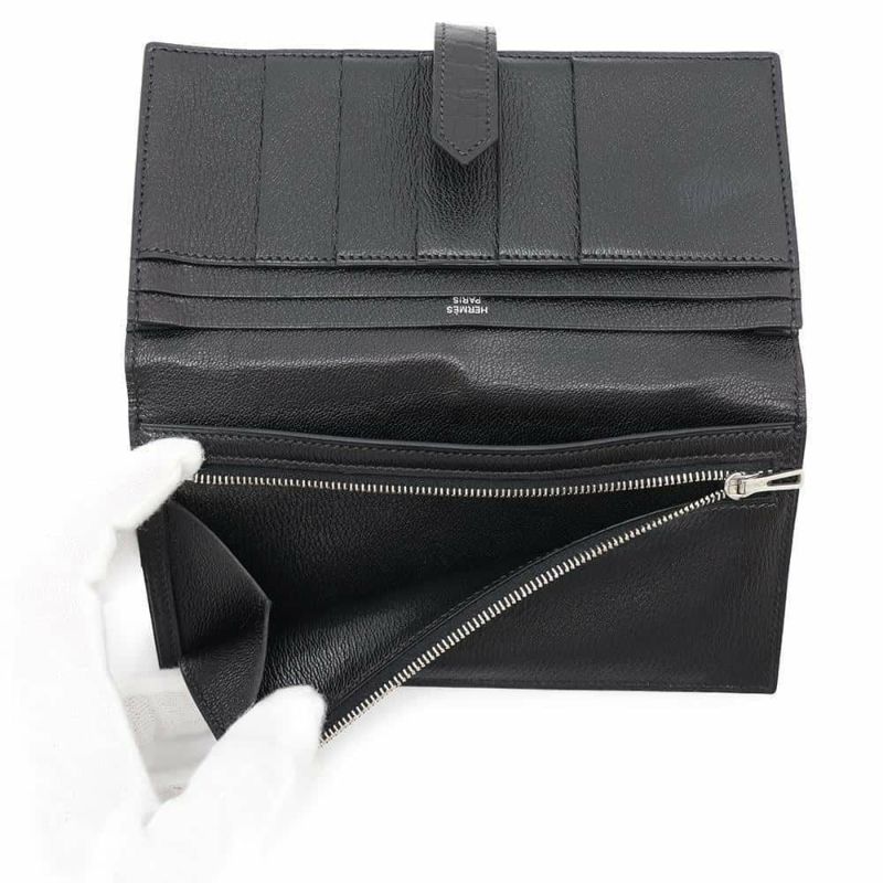 エルメス 長財布 ベアンスフレ ブラック/シルバー金具 アリゲーターシャイン □Q刻印 HERMES 財布 黒