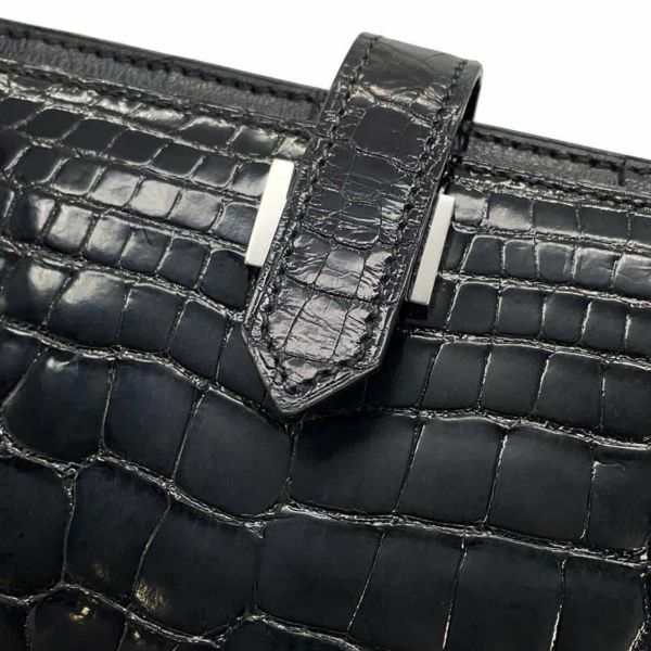 エルメス 長財布 ベアンスフレ ブラック/シルバー金具 アリゲーターシャイン □Q刻印 HERMES 財布 黒