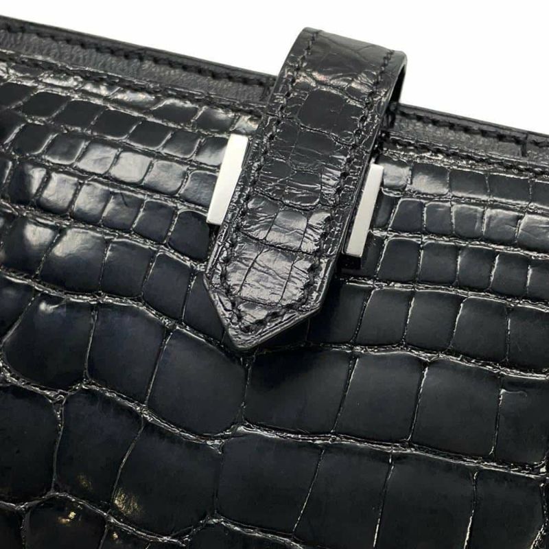 エルメス 長財布 ベアンスフレ ブラック/シルバー金具 アリゲーターシャイン □Q刻印 HERMES 財布 黒