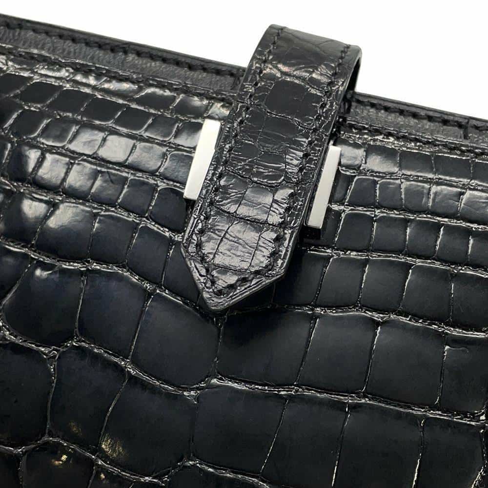 エルメス 長財布 ベアンスフレ ブラック/シルバー金具 アリゲーターシャイン □Q刻印 HERMES 財布 黒