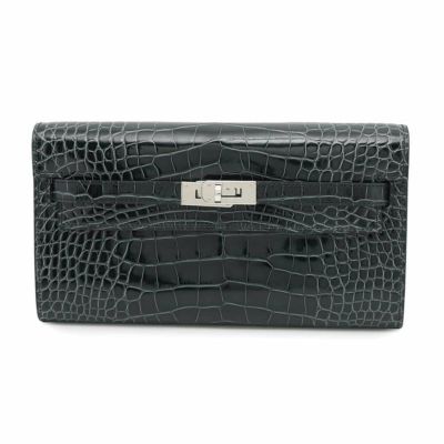 エルメス ケリーウォレット ロング トゥーゴー ヴェールフォンセ/シルバー金具 アリゲーターシャイン W刻印 安心保証