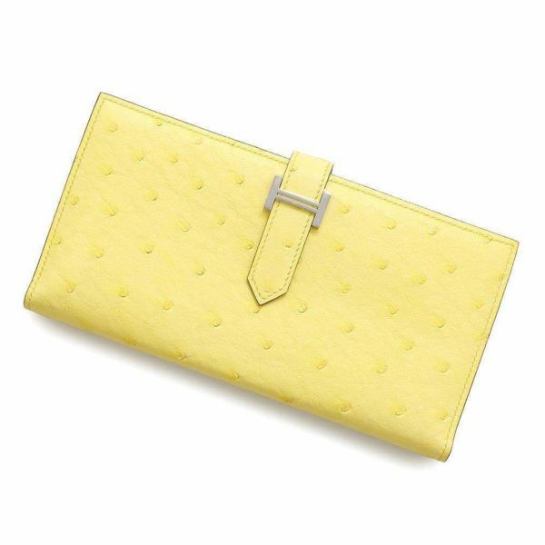 エルメス 長財布 ベアンスフレ ジョーヌシトロン/シルバー金具 オーストリッチ U刻印 HERMES 財布