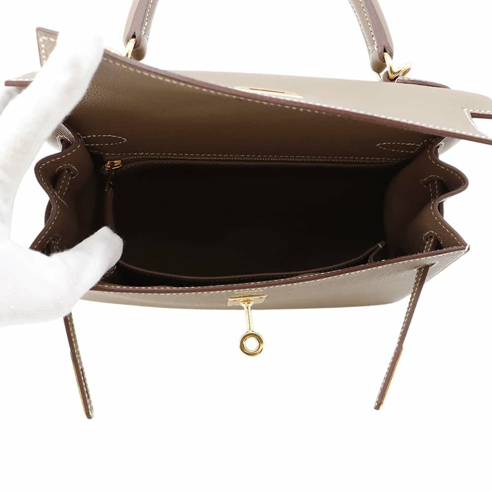 エルメス ハンドバッグ ケリー25 外縫い エトゥープ/ゴールド金具 エプソン B刻印 2wayショルダー