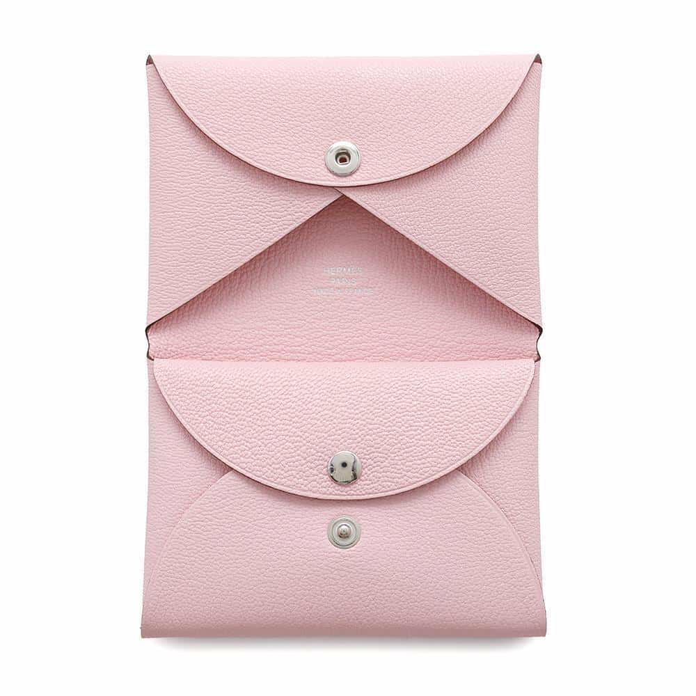 エルメス コインケース カルヴィ デュオ ローズサクラ/シルバー金具 シェブルミゾル W刻印 財布 シェーブル