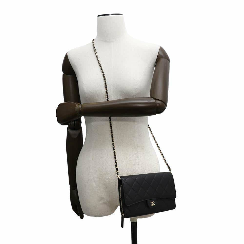 シャネル チェーンウォレット ココマーク マトラッセ フォンケース キャビアスキン AP3876 CHANEL 黒