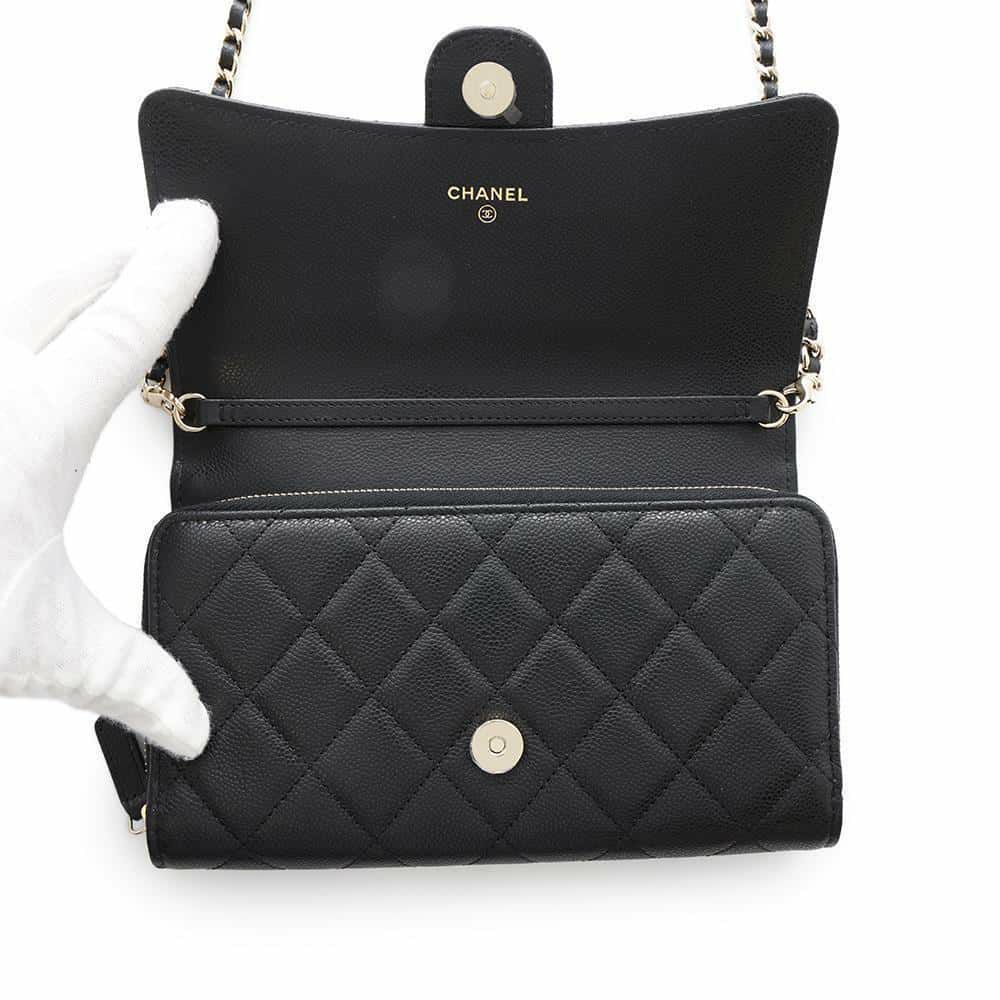 シャネル チェーンウォレット ココマーク マトラッセ フォンケース キャビアスキン AP3876 CHANEL 黒