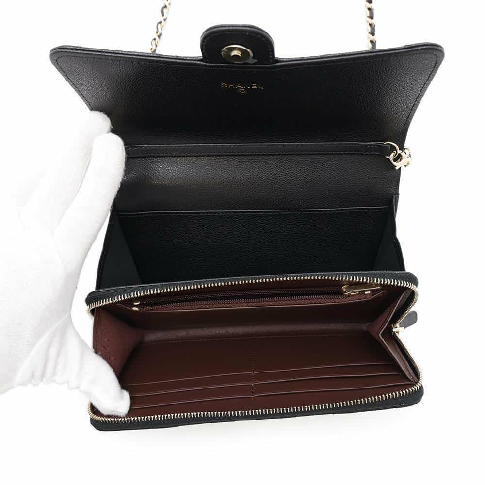 シャネル チェーンウォレット ココマーク マトラッセ フォンケース キャビアスキン AP3876 CHANEL 黒