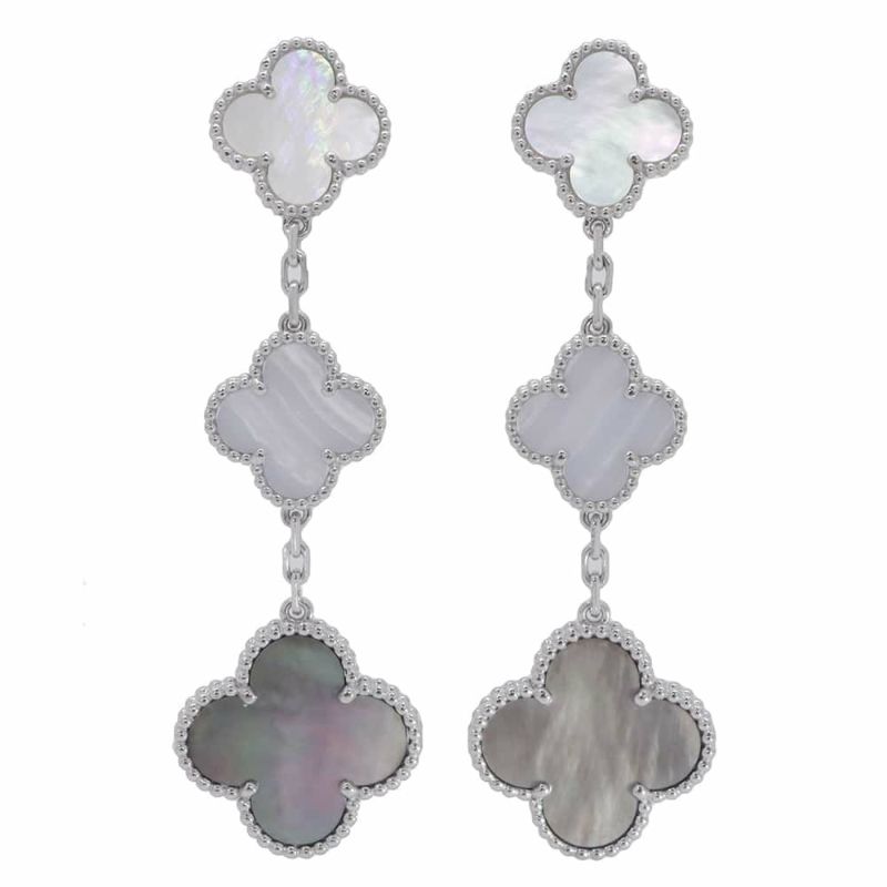 ヴァンクリーフ&アーペル ピアス マジック アルハンブラ イヤリング 3モチーフ ホワイト&グレー マザーオブパール カルセドニー K18WG