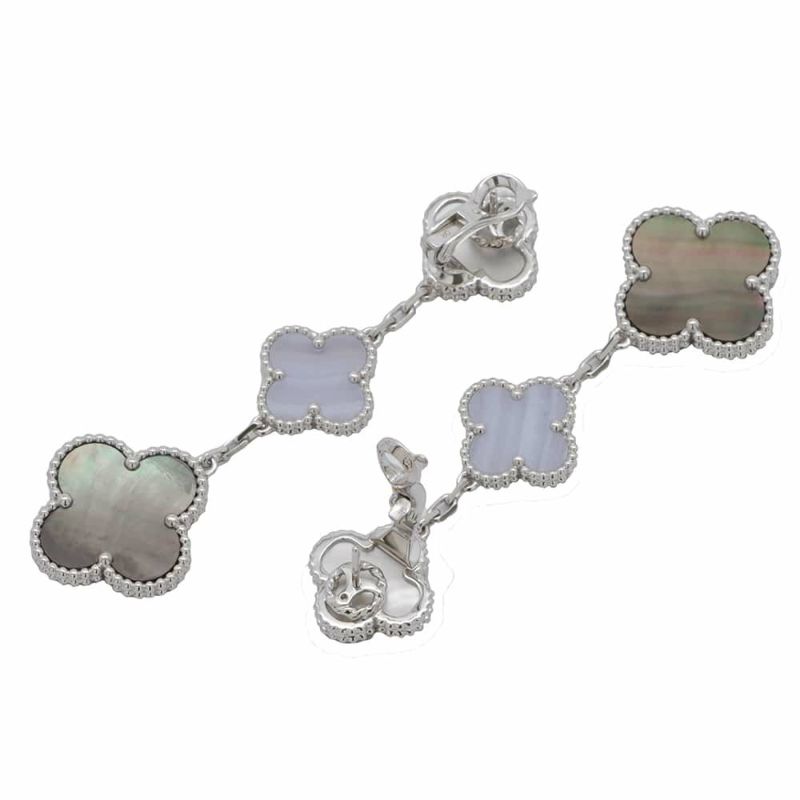 ヴァンクリーフ&アーペル ピアス マジック アルハンブラ イヤリング 3モチーフ ホワイト&グレー マザーオブパール カルセドニー K18WG