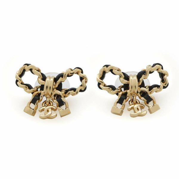 シャネル ピアス ココマーク リボン チェーン レザー I24 V AB8827 CHANEL アクセサリー 黒