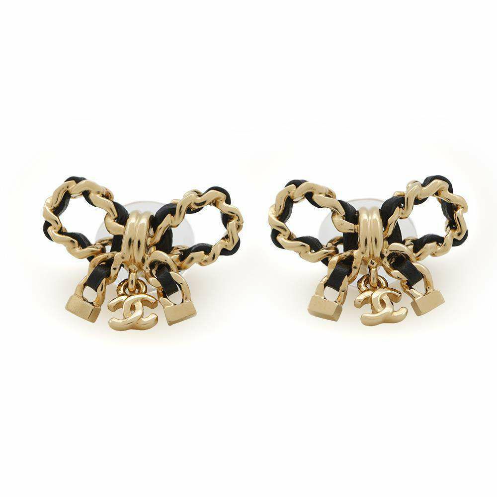 シャネル ピアス ココマーク リボン チェーン レザー I24 V AB8827 CHANEL アクセサリー 黒