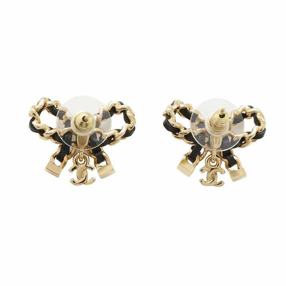 シャネル ピアス ココマーク リボン チェーン レザー I24 V AB8827 CHANEL アクセサリー 黒