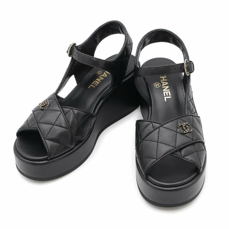 シャネル サンダル ココマーク マトラッセ ウェッジソール ラムスキン レディースサイズ38C G39918 CHANEL 靴 黒