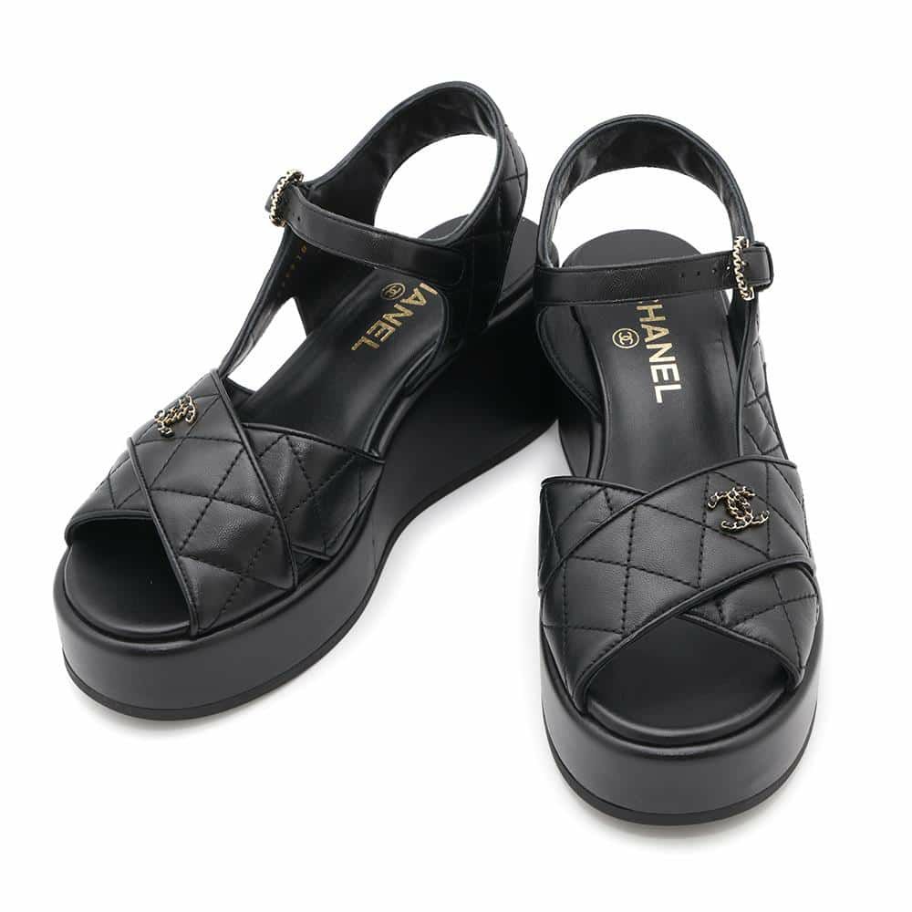 シャネル サンダル ココマーク マトラッセ ウェッジソール ラムスキン レディースサイズ38C G39918 CHANEL 靴 黒