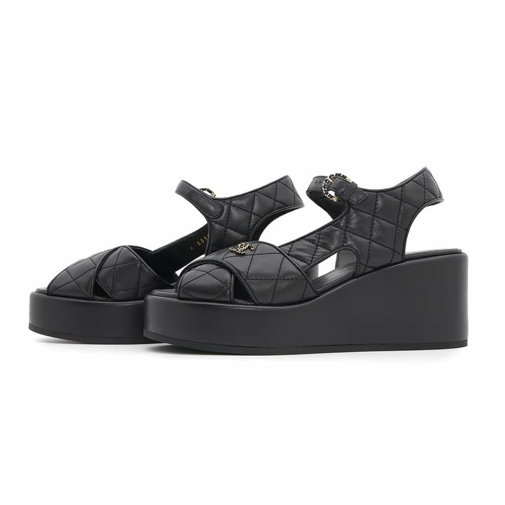 シャネル サンダル ココマーク マトラッセ ウェッジソール ラムスキン レディースサイズ38C G39918 CHANEL 靴 黒
