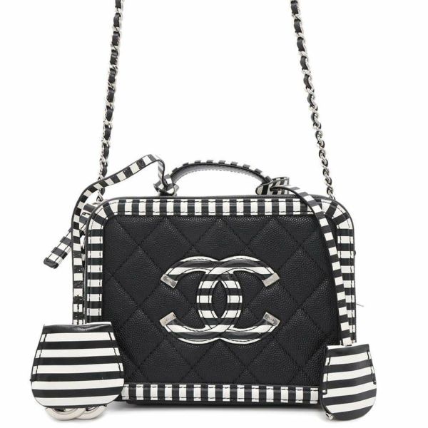 シャネル チェーンショルダーバッグ CCフィリグリー バニティバッグ キャビアスキン A93342 CHANEL 黒 白