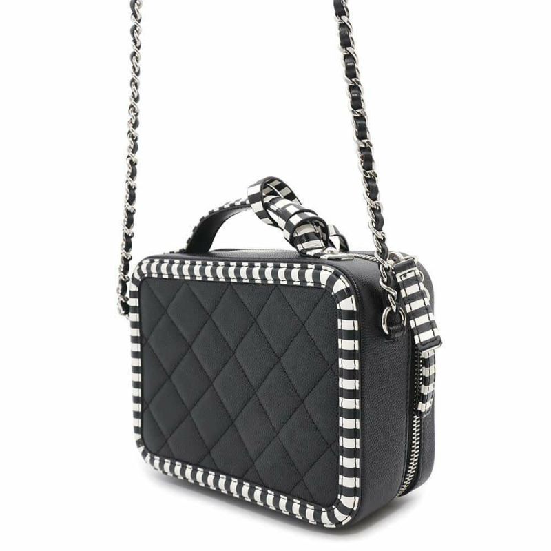 シャネル チェーンショルダーバッグ CCフィリグリー バニティバッグ キャビアスキン A93342 CHANEL 黒 白