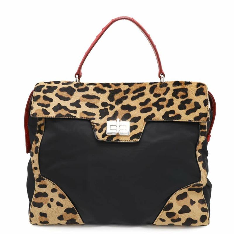 プラダ ハンドバッグ レオパード ナイロン ハラコ オーストリッチ 1BA004 PRADA バッグ 黒