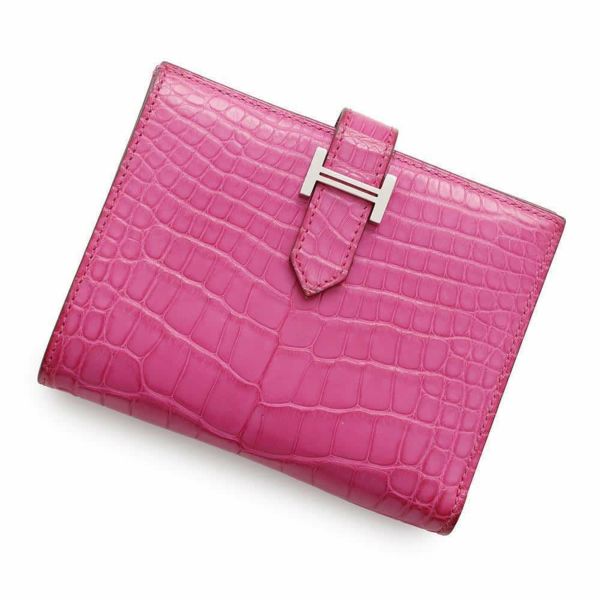 エルメス 二つ折り財布 ベアンコンパクト ローズショッキング/シルバー金具 アリゲーターマット Z刻印 HERMES 財布