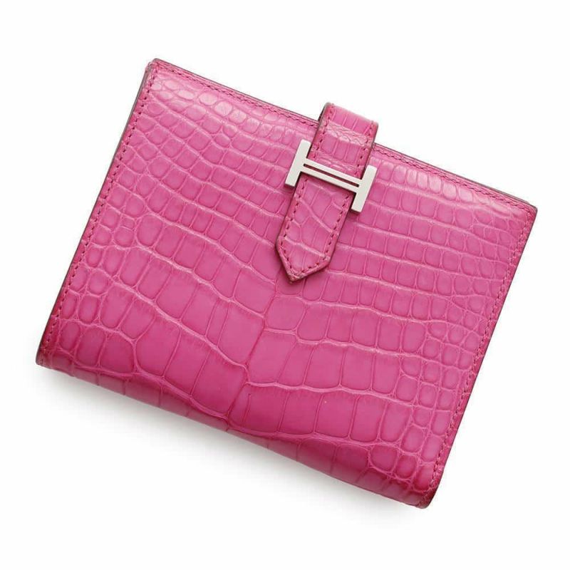 エルメス 二つ折り財布 ベアンコンパクト ローズショッキング/シルバー金具 アリゲーターマット Z刻印 HERMES 財布