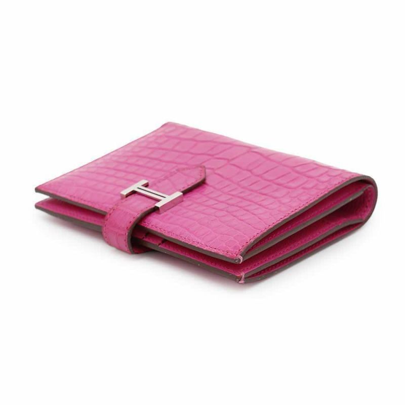 エルメス 二つ折り財布 ベアンコンパクト ローズショッキング/シルバー金具 アリゲーターマット Z刻印 HERMES 財布