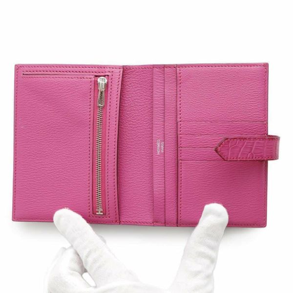 エルメス 二つ折り財布 ベアンコンパクト ローズショッキング/シルバー金具 アリゲーターマット Z刻印 HERMES 財布