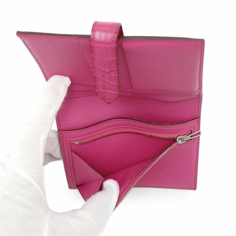 エルメス 二つ折り財布 ベアンコンパクト ローズショッキング/シルバー金具 アリゲーターマット Z刻印 HERMES 財布