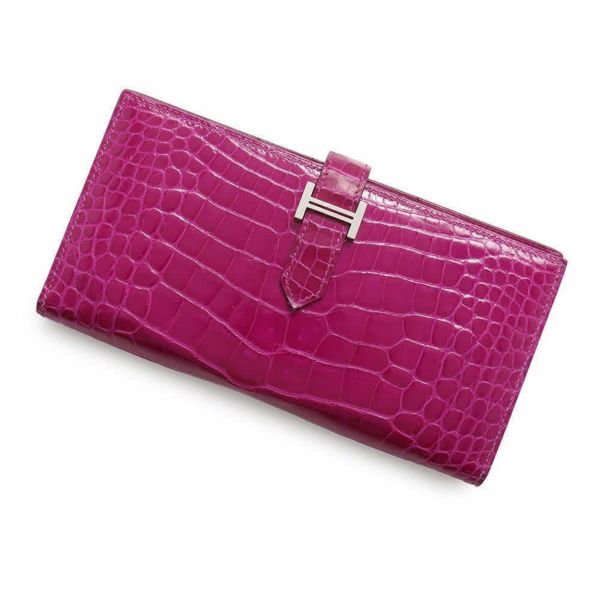 エルメス 長財布 ベアンスフレ ローズシェヘラザード/シルバー金具 アリゲーターシャイン D刻印 HERMES 財布