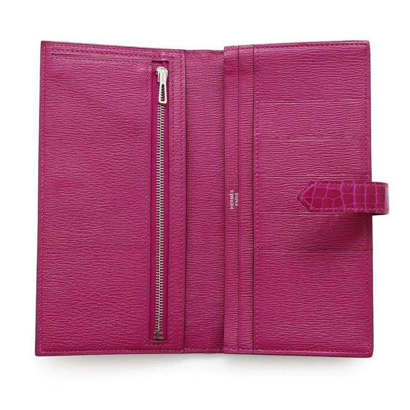 エルメス 長財布 ベアンスフレ ローズシェヘラザード/シルバー金具 アリゲーターシャイン D刻印 HERMES 財布