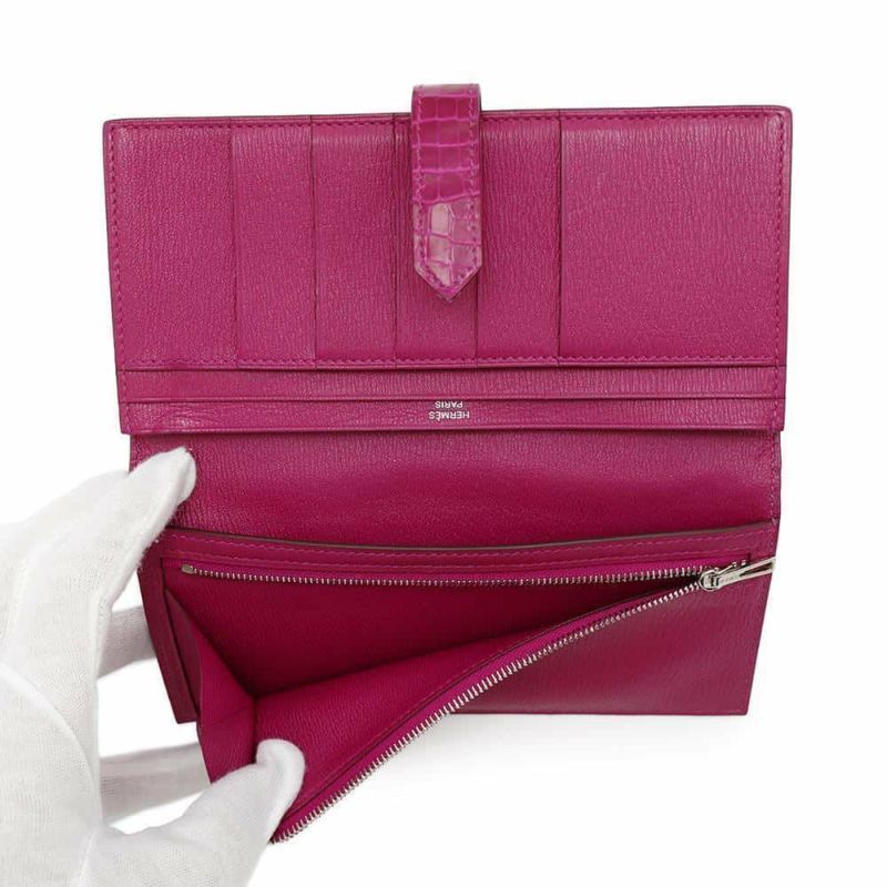 エルメス 長財布 ベアンスフレ ローズシェヘラザード/シルバー金具 アリゲーターシャイン D刻印 HERMES 財布
