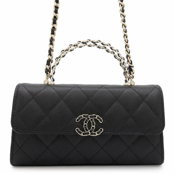 シャネル チェーンショルダーバッグ トップハンドル フォンケース マトラッセ ココマーク キャビアスキン AP3238 CHANEL 黒