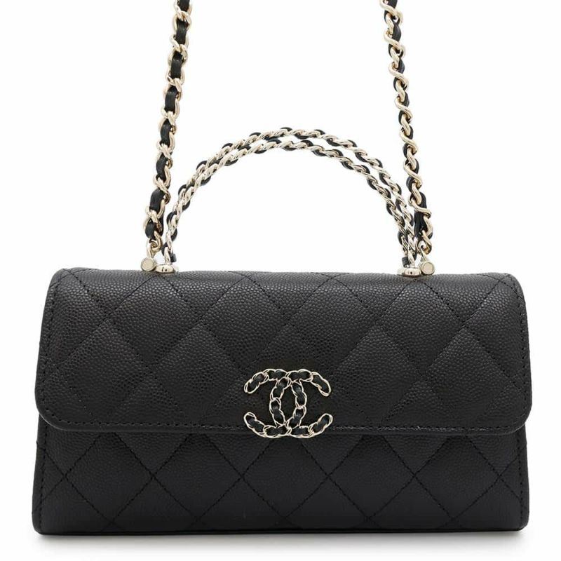 シャネル チェーンショルダーバッグ トップハンドル フォンケース マトラッセ ココマーク キャビアスキン AP3238 CHANEL 黒