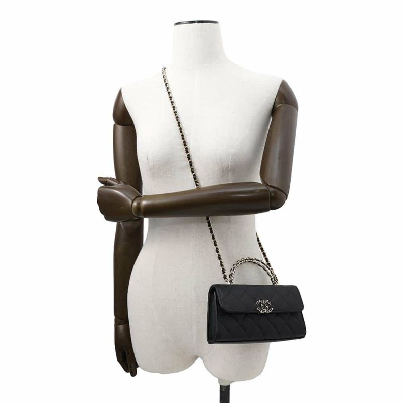シャネル チェーンショルダーバッグ トップハンドル フォンケース マトラッセ ココマーク キャビアスキン AP3238 CHANEL 黒