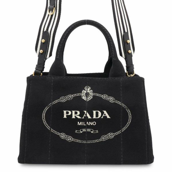 プラダ トートバッグ カナパ トート キャンパス 1BG439 PRADA ストライプ ショルダーバッグ 黒