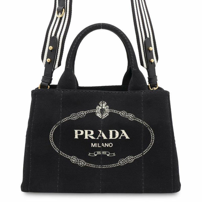 プラダ トートバッグ カナパ トート キャンパス 1BG439 PRADA ストライプ ショルダーバッグ 黒