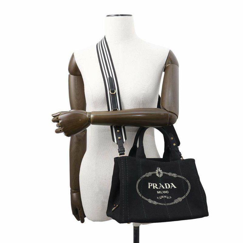 プラダ トートバッグ カナパ トート キャンパス 1BG439 PRADA ストライプ ショルダーバッグ 黒