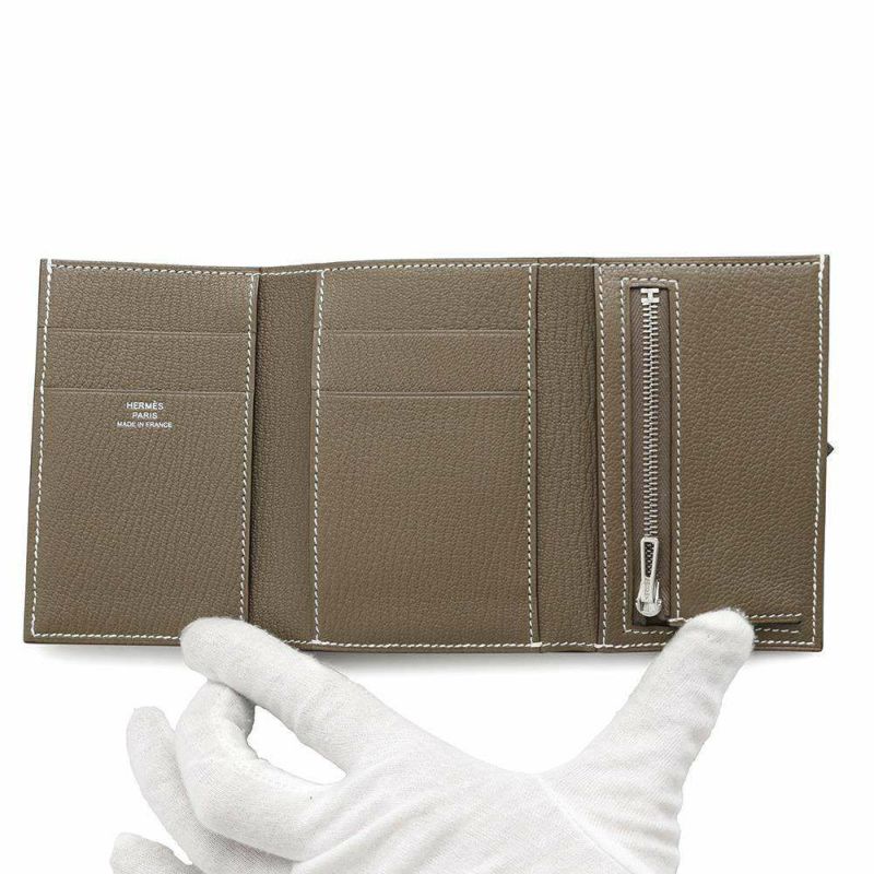 エルメス 三つ折り財布 ベアン コンビネ エトゥープ/シルバー金具 シェブルミゾル W刻印 シェーブル