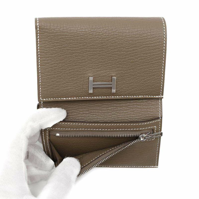 エルメス 三つ折り財布 ベアン コンビネ エトゥープ/シルバー金具 シェブルミゾル W刻印 シェーブル