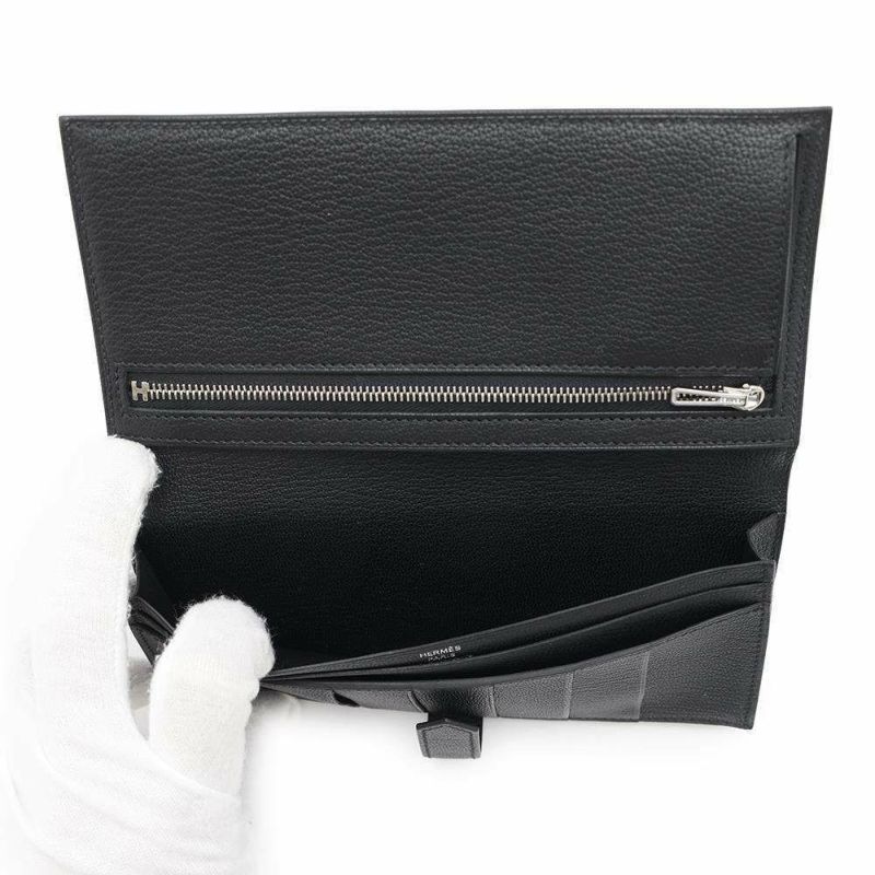 エルメス 長財布 ベアンスフレ ブラック/シルバー金具 シェブルミゾル B刻印 財布 シェーブル 黒
