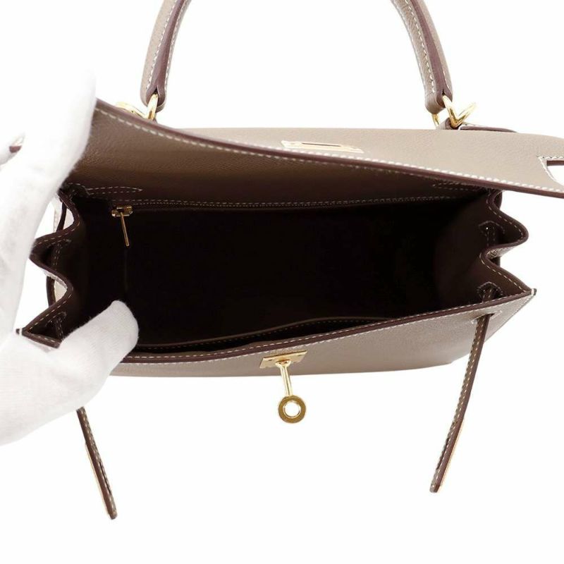 エルメス ハンドバッグ ケリー25 外縫い エトゥープ/ゴールド金具 エプソン B刻印 2wayショルダー