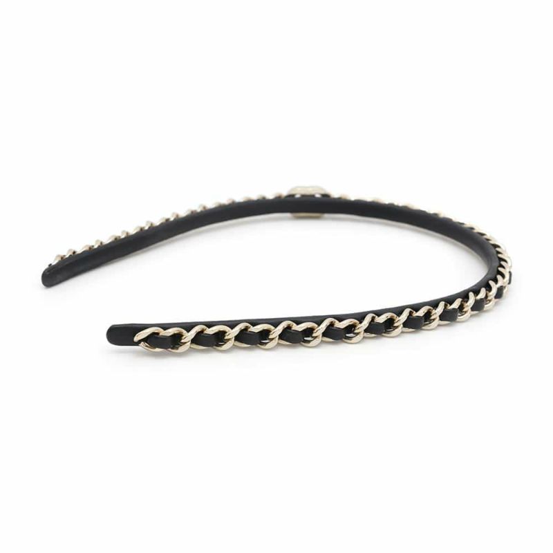 シャネル カチューシャ ココマーク チェーン ターンロック レザー B22V AB6143 CHANEL ヘアアクセサリー 黒