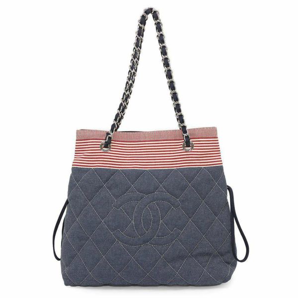シャネル チェーントートバッグ ココマーク ボーダー  デニム A48450 CHANEL チェーンショルダーバッグ