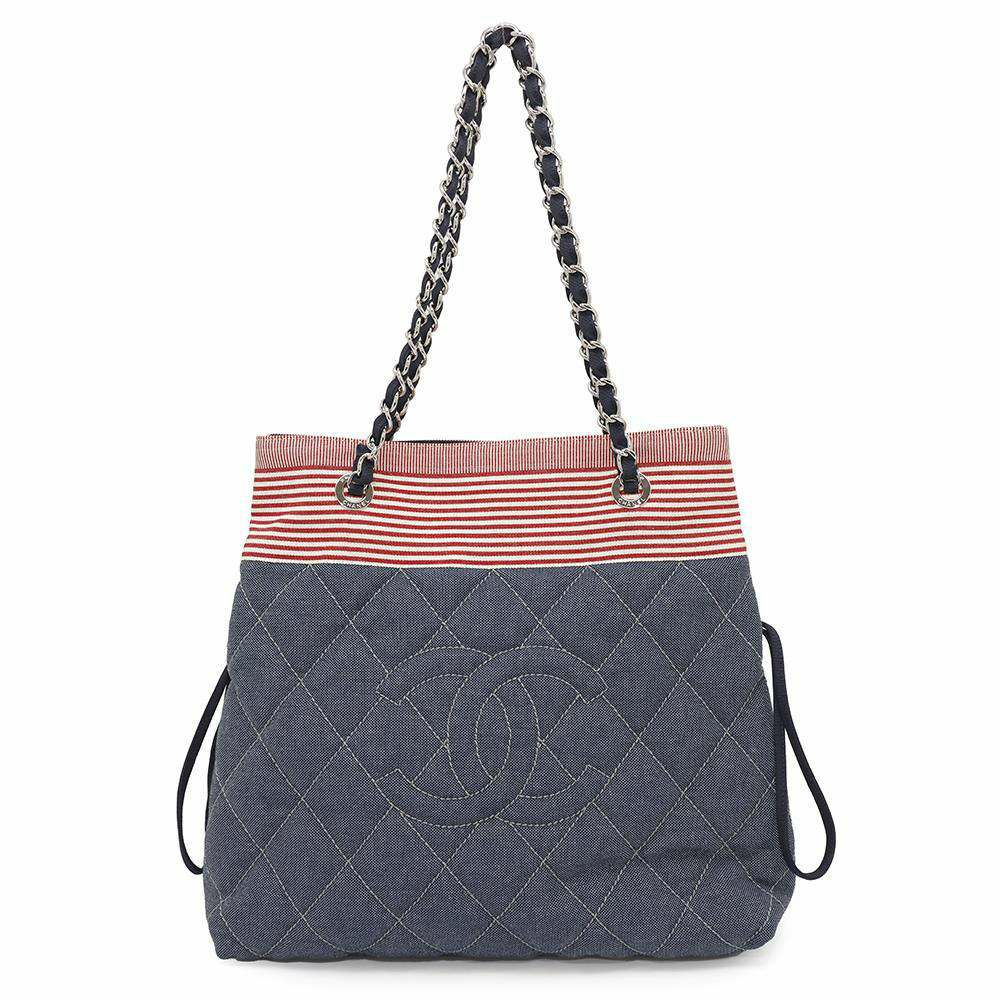 シャネル チェーントートバッグ ココマーク ボーダー  デニム A48450 CHANEL チェーンショルダーバッグ