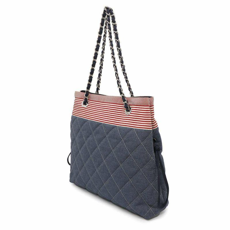 シャネル チェーントートバッグ ココマーク ボーダー  デニム A48450 CHANEL チェーンショルダーバッグ