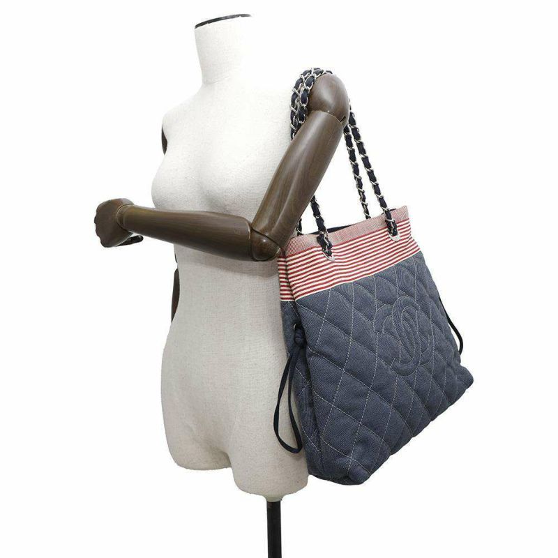 シャネル チェーントートバッグ ココマーク ボーダー  デニム A48450 CHANEL チェーンショルダーバッグ
