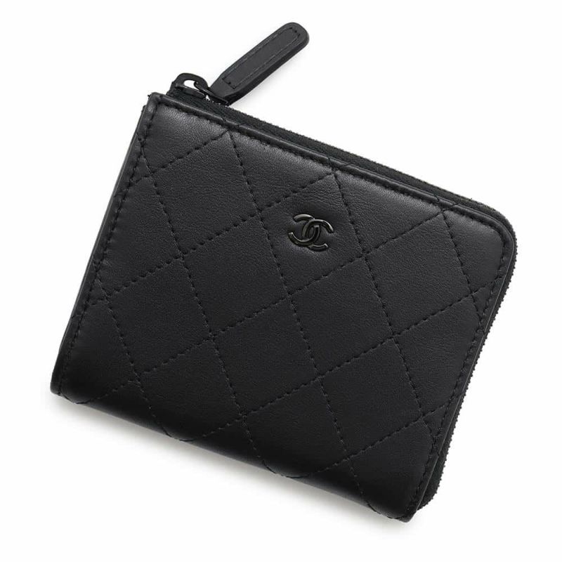 シャネル コインケース ココマーク マトラッセ L字ファスナー コンパクトウォレット カーフレザー AP3997 カードケース 黒