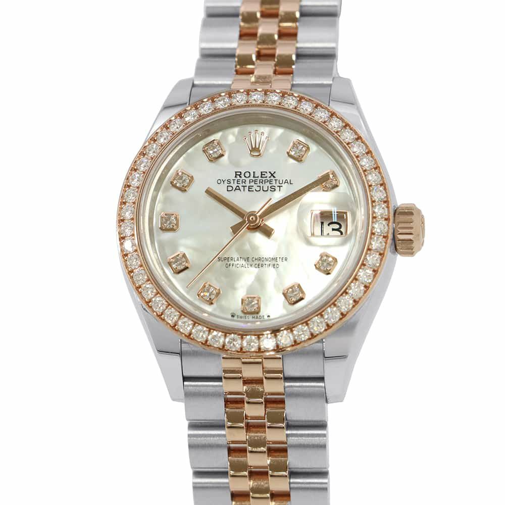 ロレックス レディ デイトジャスト SS/K18PG ダイヤベゼル 279381RBR ホワイトマザーオブパール文字盤 10Pダイヤ